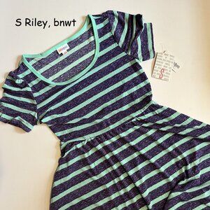 Small Lularoe Riley dress, purple and green stripes, pockets